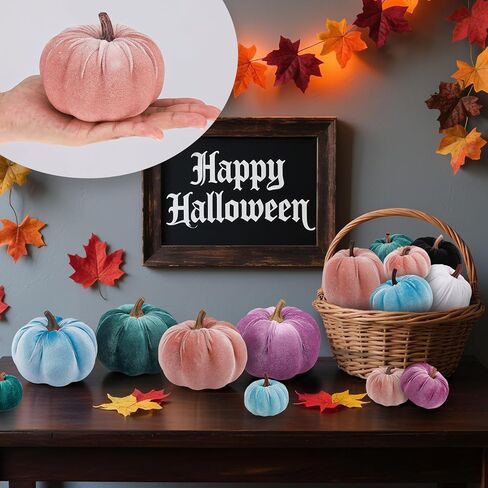 12 قطعة من القرع الصناعي المخملي للهالوين مصنوع يدويًا من القماش الإسفنجي لحصاد الخريف وقطعة مركزية لتزيين حفلات عيد الشكر - أزرق مخضر in Kuwait