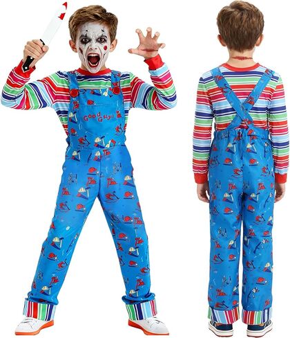 Creepy Doll Costume for Kids Horror Killer Shirt Jumpsuit Mask Halloween Cosplay Outfit for Boys Girls 3-10 Years in Kuwait