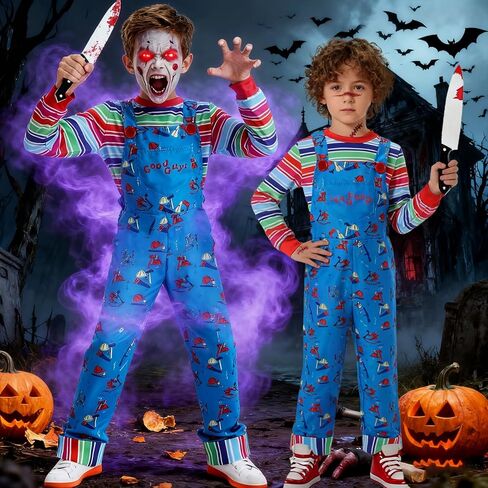 Creepy Doll Costume for Kids Horror Killer Shirt Jumpsuit Mask Halloween Cosplay Outfit for Boys Girls 3-10 Years in Kuwait