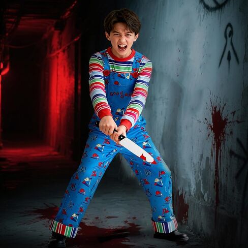 Creepy Doll Costume for Kids Horror Killer Shirt Jumpsuit Mask Halloween Cosplay Outfit for Boys Girls 3-10 Years in Kuwait