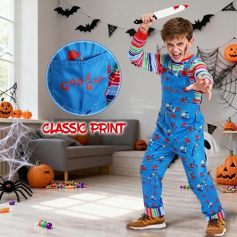 Creepy Doll Costume for Kids Horror Killer Shirt Jumpsuit Mask Halloween Cosplay Outfit for Boys Girls 3-10 Years in Kuwait