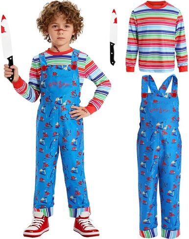 Creepy Doll Costume for Kids Horror Killer Shirt Jumpsuit Mask Halloween Cosplay Outfit for Boys Girls 3-10 Years in Kuwait