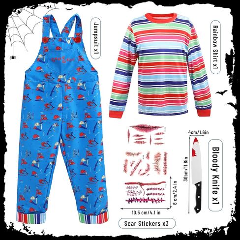 Creepy Doll Costume for Kids Horror Killer Shirt Jumpsuit Mask Halloween Cosplay Outfit for Boys Girls 3-10 Years in Kuwait