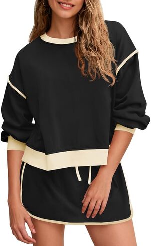 Fisoew Womens Sweatsuits 2 Piece Set Crewneck Sweatshirts High Waisted Skort Skirts Tennis Running Tracksuits Shorts Sets in Saudi Arabia