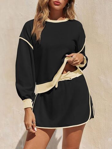 Fisoew Womens Sweatsuits 2 Piece Set Crewneck Sweatshirts High Waisted Skort Skirts Tennis Running Tracksuits Shorts Sets in Saudi Arabia