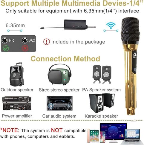 ميكروفون لاسلكي فقط لإدخال الميكروفون، ميكروفون متعدد الأغراض محمول باليد UHF مع جهاز استقبال قابل لإعادة الشحن (يعمل 4 ساعات) نطاق 114 قدم لمضخم الصوت وخلاط مكبر الصوت كاريوكي الكنيسة خطاب حفل زفاف الغناء in Kuwait