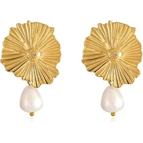 Gold Pearl Flower Statement Earrings for Women – 18K Gold Plated Chunky Floral Pearl Drop Dangle Earrings Elegant Sculptural Trendy Jewelry Gifts in Saudi Arabia