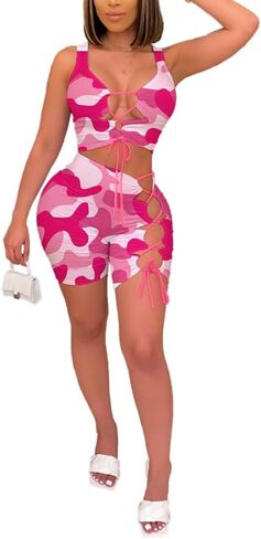 Women's Camouflage Printed 2 Piece Sexy Swimwear Drawstring Vest Shorts Casual Set in Saudi Arabia