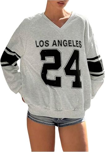 Women's Oversized Sweatshirts V Neck Long Sleeve Jersey Shirts Number Graphic Pullover Tops in Saudi Arabia