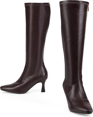 GENSHUO أحذية عالية للركبة للنساء بمقدمة مدببة 3 بوصات كعب عالي ستيليتو أحذية طويلة كلاسيكية عصرية واسعة الساق أحذية طويلة مع سحاب جانبي للشتاء in Kuwait