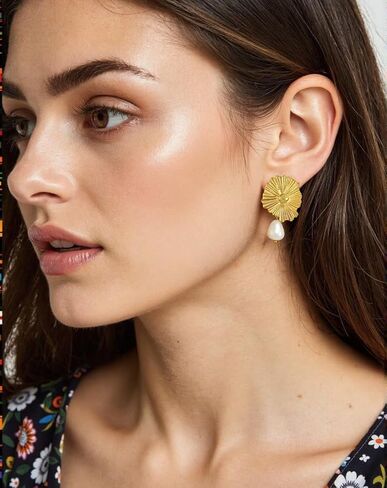 Gold Pearl Flower Statement Earrings for Women – 18K Gold Plated Chunky Floral Pearl Drop Dangle Earrings Elegant Sculptural Trendy Jewelry Gifts in Saudi Arabia