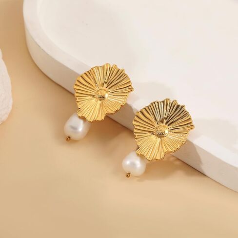 Gold Pearl Flower Statement Earrings for Women – 18K Gold Plated Chunky Floral Pearl Drop Dangle Earrings Elegant Sculptural Trendy Jewelry Gifts in Saudi Arabia