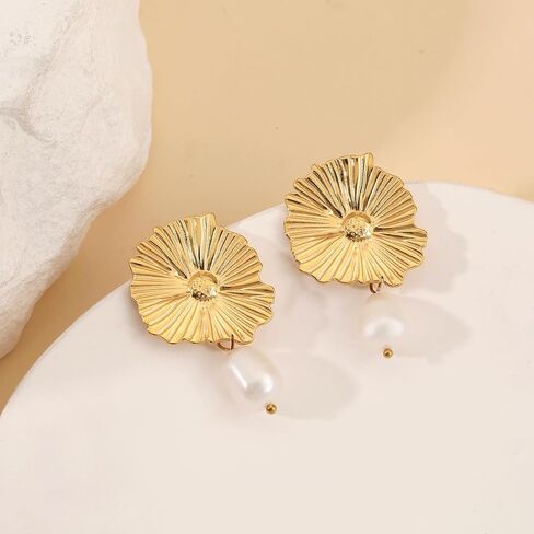 Gold Pearl Flower Statement Earrings for Women – 18K Gold Plated Chunky Floral Pearl Drop Dangle Earrings Elegant Sculptural Trendy Jewelry Gifts in Saudi Arabia