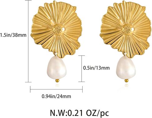 Gold Pearl Flower Statement Earrings for Women – 18K Gold Plated Chunky Floral Pearl Drop Dangle Earrings Elegant Sculptural Trendy Jewelry Gifts in Saudi Arabia