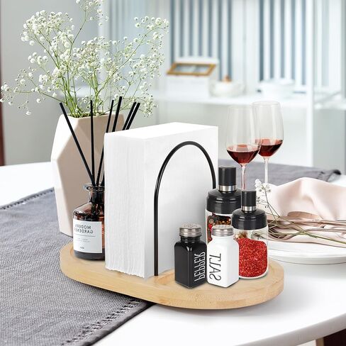 Napkin Holder for Table, Rotating Standing Napkin Dispenser with Salt and Pepper Shakers Caddy Placing Space, Rustic Metal Caddy Napkin Storage for Table Kitchen Countertop, Dining Table Decor in Kuwait