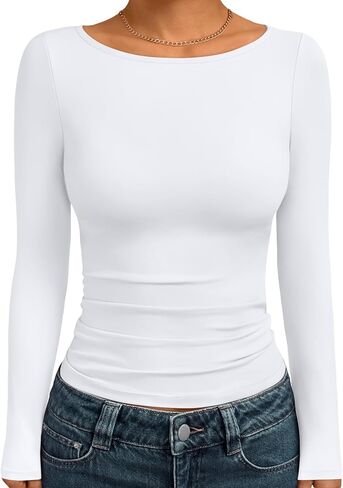 Trendy Queen Women's Long Sleeve Shirts Going Out Boat Neck Tops Slim Fitted Tshirts Tight Y2k Outfits in Kuwait