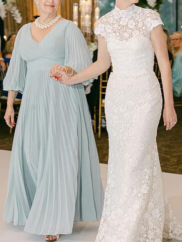 Puffy Sleeves Mother of The Bride Dresses for Women Chiffon A Line Long Wedding Guest Dress MM004 in Saudi Arabia