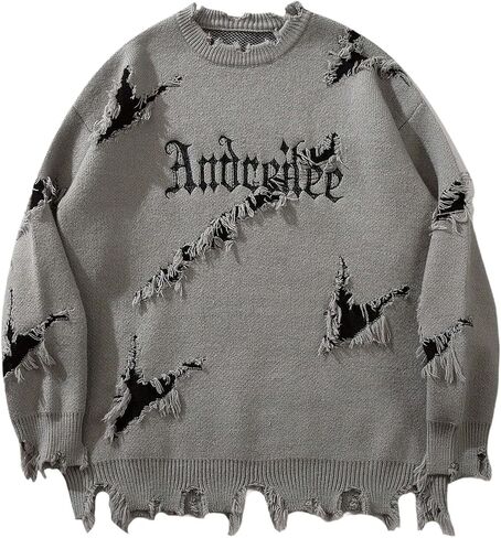 Men's Grunge Letter Graphic Sweater Unisex Gothic Ripped Baggy Sweater Y2K Crewneck Long Sleeve Knit Tops Streetwear in Saudi Arabia