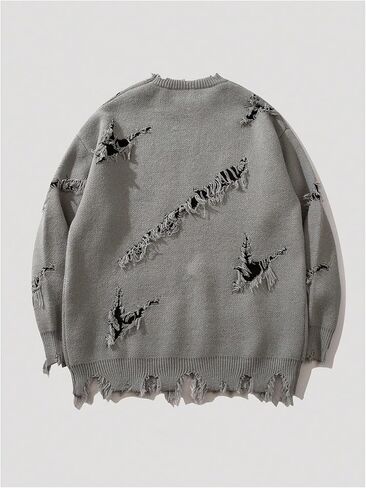 Men's Grunge Letter Graphic Sweater Unisex Gothic Ripped Baggy Sweater Y2K Crewneck Long Sleeve Knit Tops Streetwear in Saudi Arabia