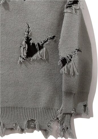 Men's Grunge Letter Graphic Sweater Unisex Gothic Ripped Baggy Sweater Y2K Crewneck Long Sleeve Knit Tops Streetwear in Saudi Arabia