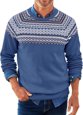 Runcati Mens Crew Neck Sweater Casual Fair Isle Knit Pullover Long Sleeve Fall Winter Chunky Sweaters in Saudi Arabia