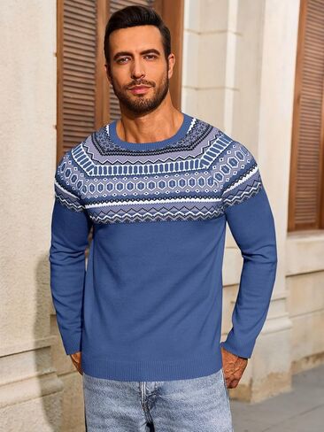 Runcati Mens Crew Neck Sweater Casual Fair Isle Knit Pullover Long Sleeve Fall Winter Chunky Sweaters in Saudi Arabia