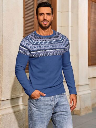 Runcati Mens Crew Neck Sweater Casual Fair Isle Knit Pullover Long Sleeve Fall Winter Chunky Sweaters in Saudi Arabia