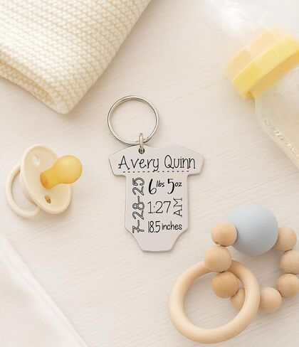 Personalized Baby Announcement Keychain – Engraved Onesie with Birth Stats | Custom New Mom or Dad Gift, Baby Name, Date, Weight, Birthstone Option in Saudi Arabia