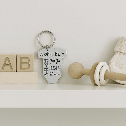 Personalized Baby Announcement Keychain – Engraved Onesie with Birth Stats | Custom New Mom or Dad Gift, Baby Name, Date, Weight, Birthstone Option in Saudi Arabia