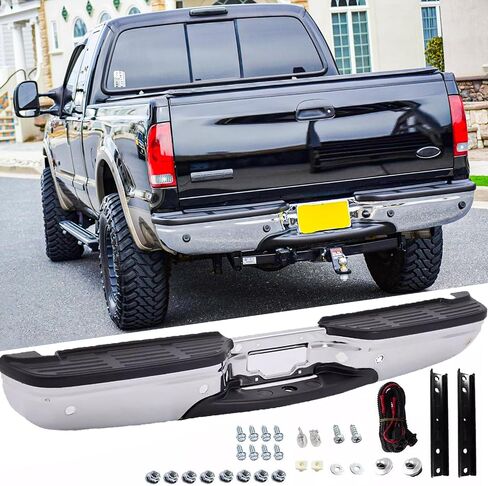 Rear Steel Step Bumper Assembly for 2017-2022 Ford F250 F350 F450 Super Duty without Park Sensor Holes Chrome Back Bumper Replacement for FO1103197,with Pads Brackets and License Plate Lights in Saudi Arabia