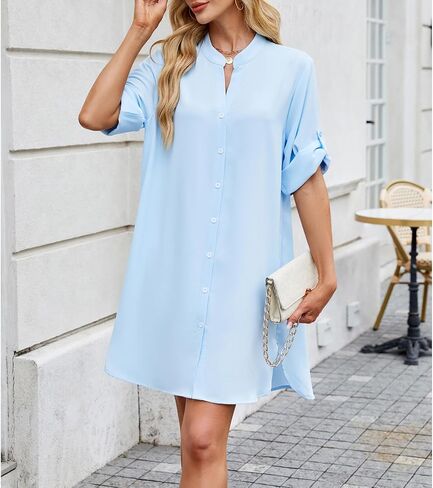 Blostirno Women's Casual Button Down Shirt Dress Half Roll-Up Sleeves Loose Mini Dresses Shirts Blouse Trendy Tops in Kuwait