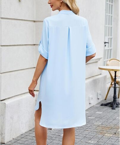 Blostirno Women's Casual Button Down Shirt Dress Half Roll-Up Sleeves Loose Mini Dresses Shirts Blouse Trendy Tops in Kuwait