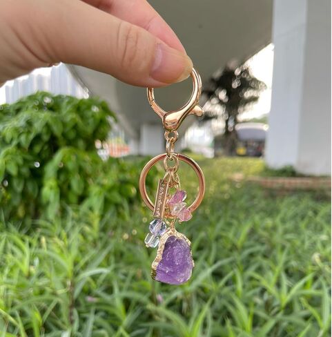 Raw Amethyst Keychain with Rose Quartz & Clear Crystal – Healing Crystal Key Ring for Women, Handmade Boho Charm for Bags, Car Keys, Purse – Gift for Friends & Her in Saudi Arabia