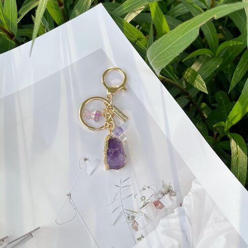 Raw Amethyst Keychain with Rose Quartz & Clear Crystal – Healing Crystal Key Ring for Women, Handmade Boho Charm for Bags, Car Keys, Purse – Gift for Friends & Her in Saudi Arabia