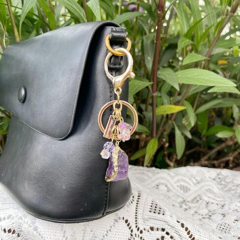 Raw Amethyst Keychain with Rose Quartz & Clear Crystal – Healing Crystal Key Ring for Women, Handmade Boho Charm for Bags, Car Keys, Purse – Gift for Friends & Her in Saudi Arabia