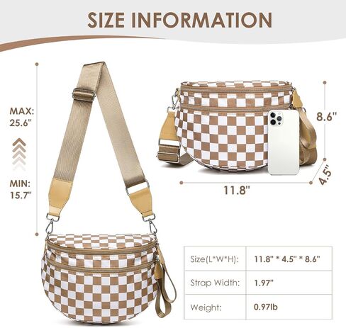 DIOMO Bum Bags for Women, RFID Checkered Crossbody Bags with Silver Zipper, Nylon Plus Size Fanny Packs Travel Purse in Saudi Arabia