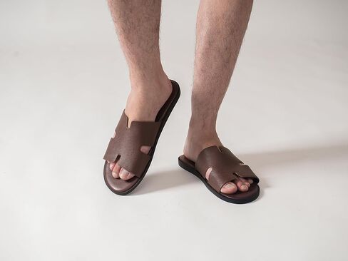 Summer Men Sandals for Leather, Comfortable Flats with Memory Foam Insole, Rubber Outsole Non-Slip Casual Fashion Slides in Saudi Arabia