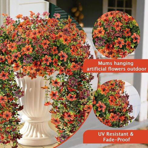 4 Pcs Artificial Fall Flowers for Outdoors, Fall Hanging Plants Silk Faux Mums UV Resistant for Planters Pots Garden Outside Front Porch Patio Basket Home Autumn Decor (Orange Brown) in Saudi Arabia