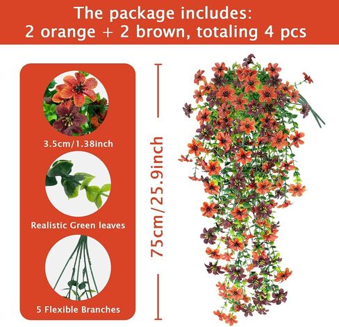 4 Pcs Artificial Fall Flowers for Outdoors, Fall Hanging Plants Silk Faux Mums UV Resistant for Planters Pots Garden Outside Front Porch Patio Basket Home Autumn Decor (Orange Brown) in Saudi Arabia