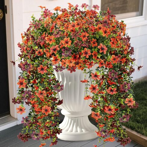 4 Pcs Artificial Fall Flowers for Outdoors, Fall Hanging Plants Silk Faux Mums UV Resistant for Planters Pots Garden Outside Front Porch Patio Basket Home Autumn Decor (Orange Brown) in Saudi Arabia