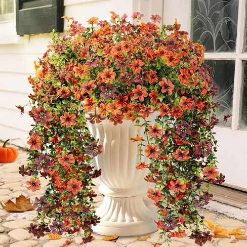 4 Pcs Artificial Fall Flowers for Outdoors, Fall Hanging Plants Silk Faux Mums UV Resistant for Planters Pots Garden Outside Front Porch Patio Basket Home Autumn Decor (Orange Brown) in Saudi Arabia