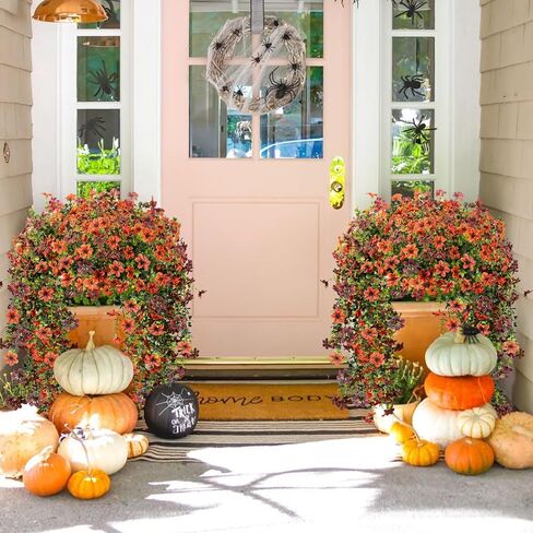 4 Pcs Artificial Fall Flowers for Outdoors, Fall Hanging Plants Silk Faux Mums UV Resistant for Planters Pots Garden Outside Front Porch Patio Basket Home Autumn Decor (Orange Brown) in Saudi Arabia
