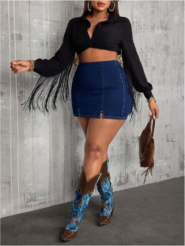 SHENHE Women's Plus Size Denim Skort High Waisted Split Hem Bodycon Jean Shorts in Saudi Arabia