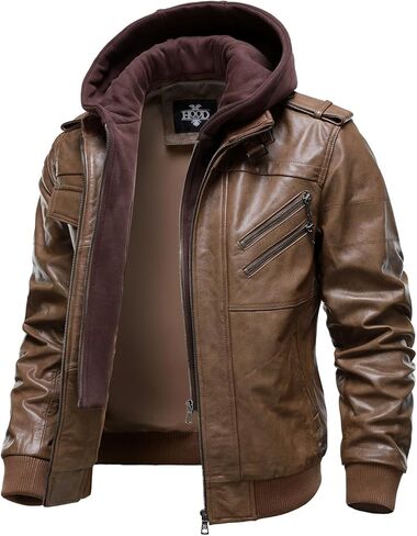 HOOD CREW Men’s Genuine Cowhide Leather Jacket Black Hooded Motorcycle Biker Jacket for Men in Kuwait