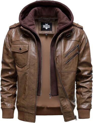 HOOD CREW Men’s Genuine Cowhide Leather Jacket Black Hooded Motorcycle Biker Jacket for Men in Kuwait