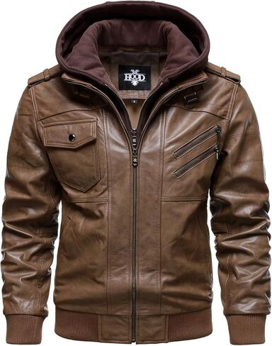 HOOD CREW Men’s Genuine Cowhide Leather Jacket Black Hooded Motorcycle Biker Jacket for Men in Kuwait