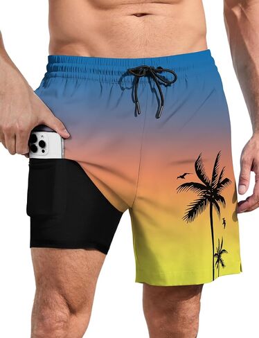 Lzzidou Men Swim Trunks with Compresssion Liner 7 Inch Inseam Board Shorts Bathing Suit with Zipper Pockets in Kuwait