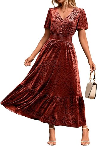 Simplee Womens Fall Velvet Dress Short Sleeve V Neck Floral Maxi Dress Long Formal Winter Wedding Guest Dresses in Saudi Arabia
