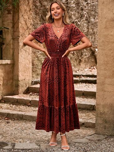 Simplee Womens Fall Velvet Dress Short Sleeve V Neck Floral Maxi Dress Long Formal Winter Wedding Guest Dresses in Saudi Arabia
