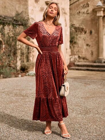 Simplee Womens Fall Velvet Dress Short Sleeve V Neck Floral Maxi Dress Long Formal Winter Wedding Guest Dresses in Saudi Arabia